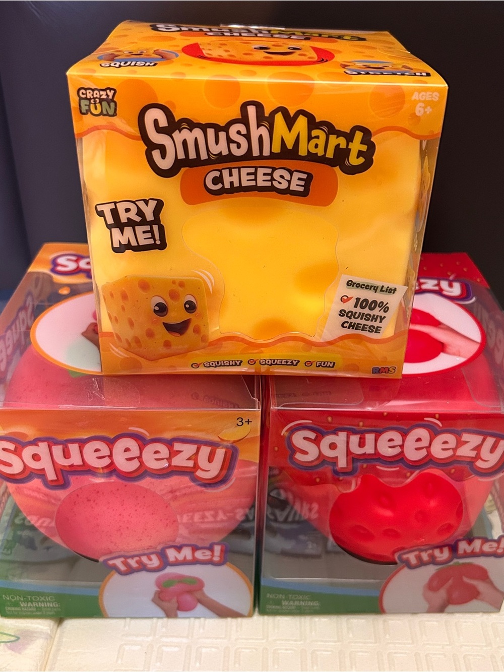 Lot of 3 Squishy Fidget Toys - CHEESE, STRAWBERRY & PEACH NWT